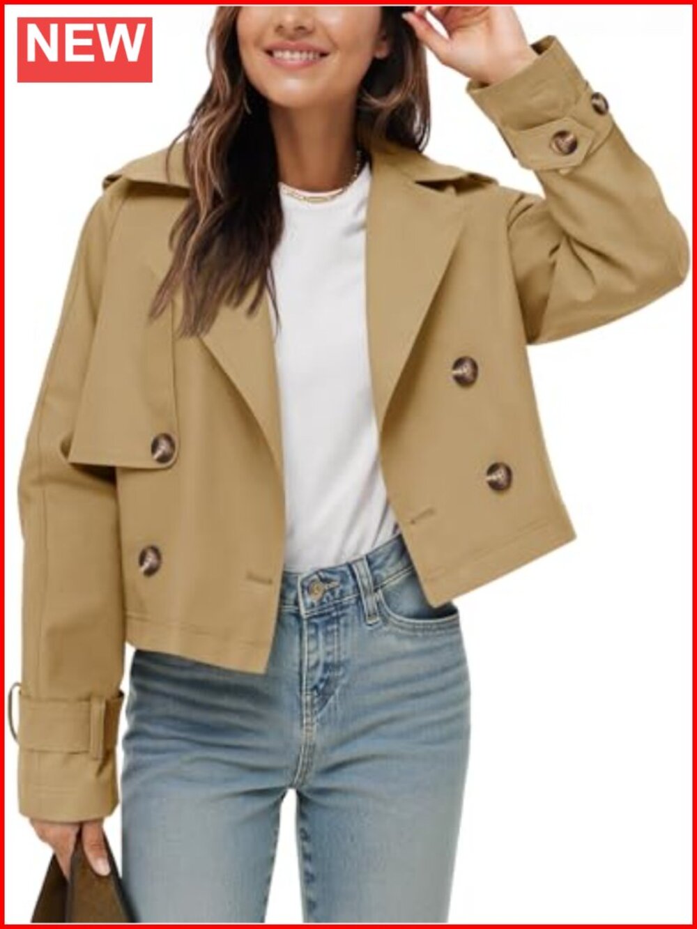 Cropped Trench Coat Double Breasted Notch Lapel Oversized Women's Jacket